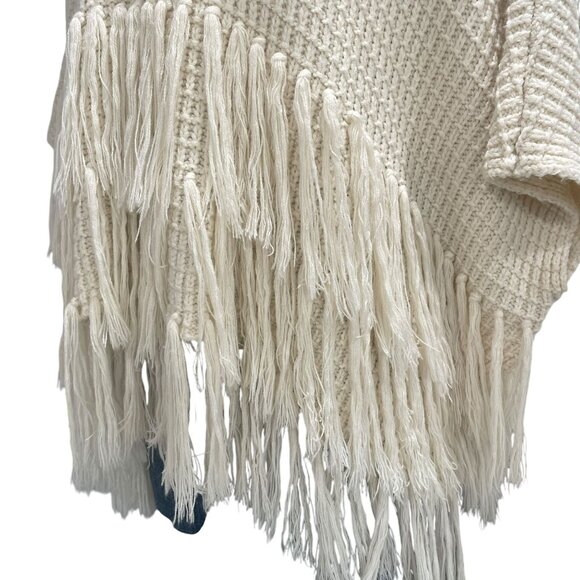 Listicle Boho Fringe Knit Poncho Sweater Large Cream Oversized Waffle Knit Cozy - Picture 6 of 8